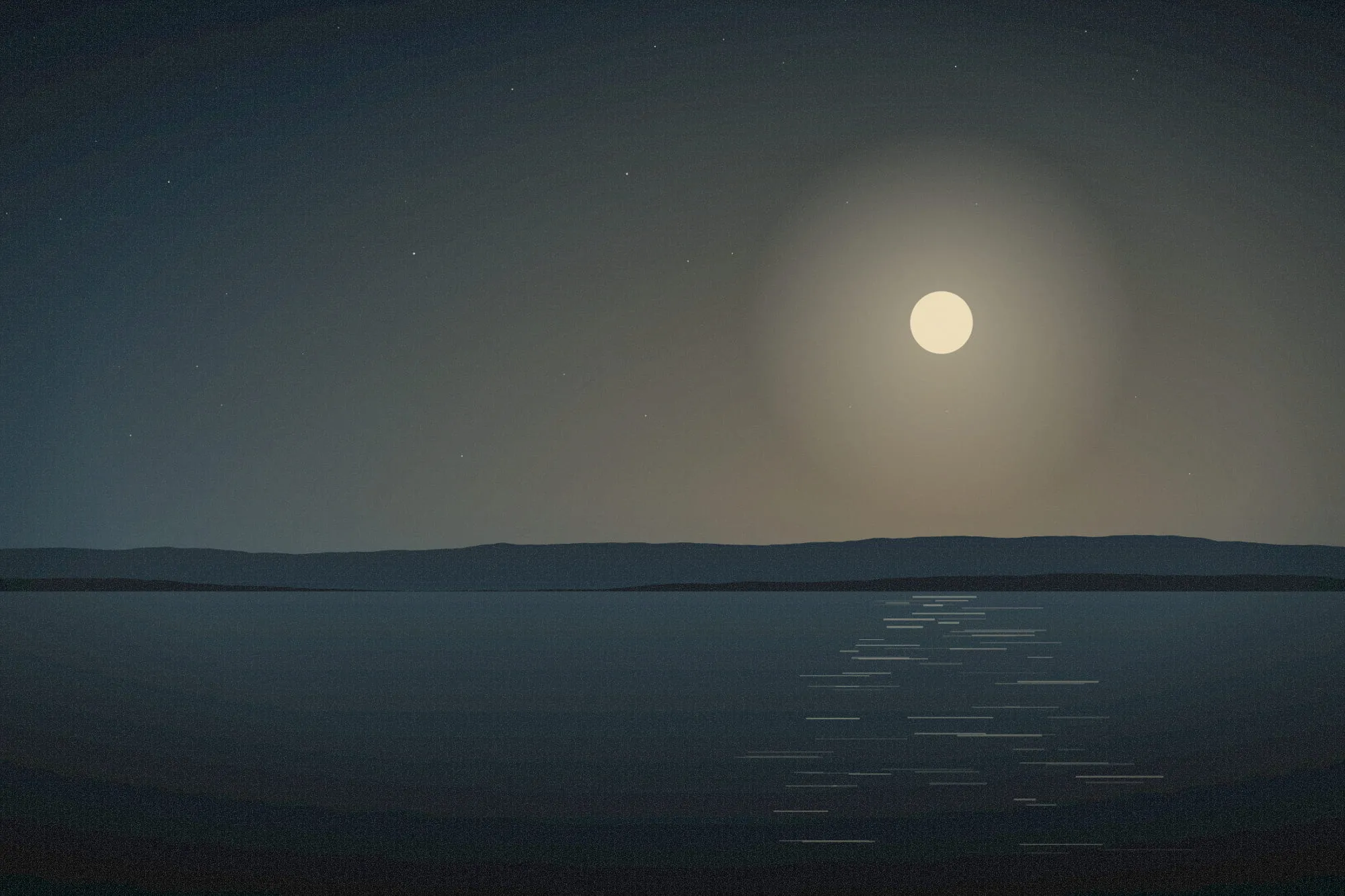 A low moon over a still harbour at blue hour, its light laid across the water in broken lines.