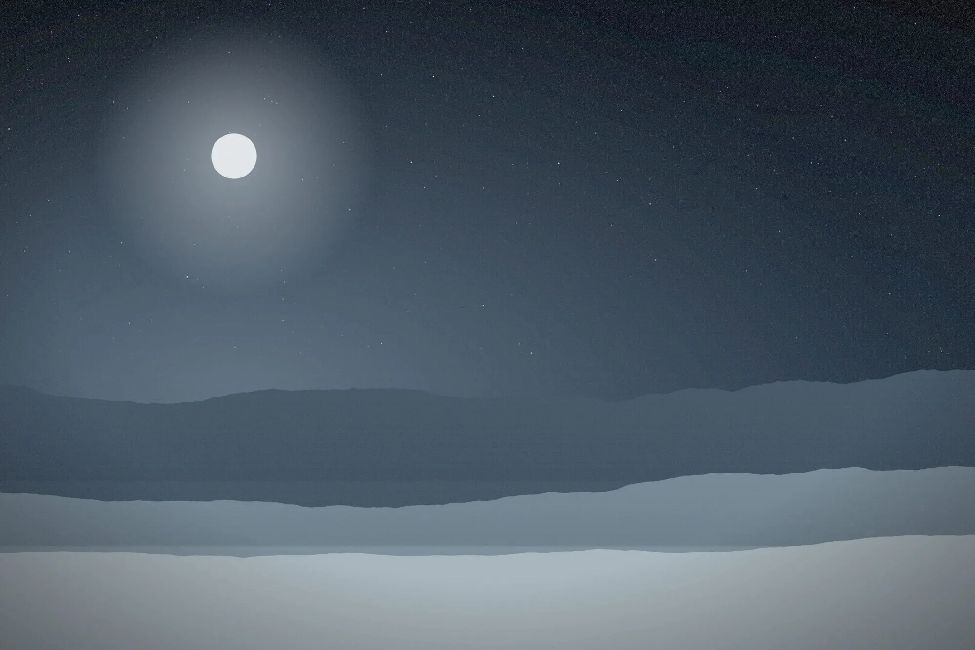 A pale moon and a field of stars above blue snowfields and distant mountains before dawn.