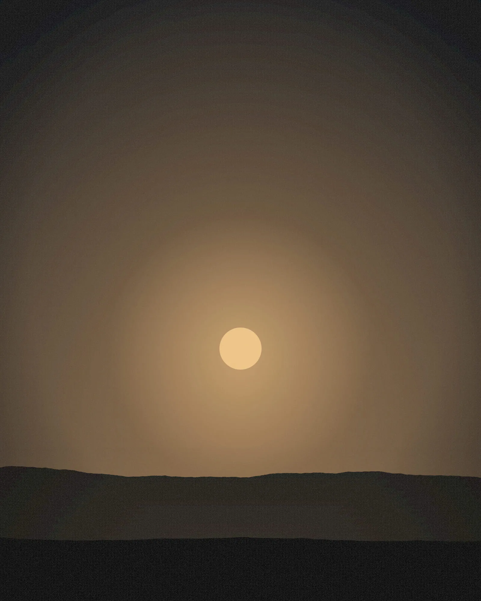 A single amber light glowing through rain and haze over a dark horizon.